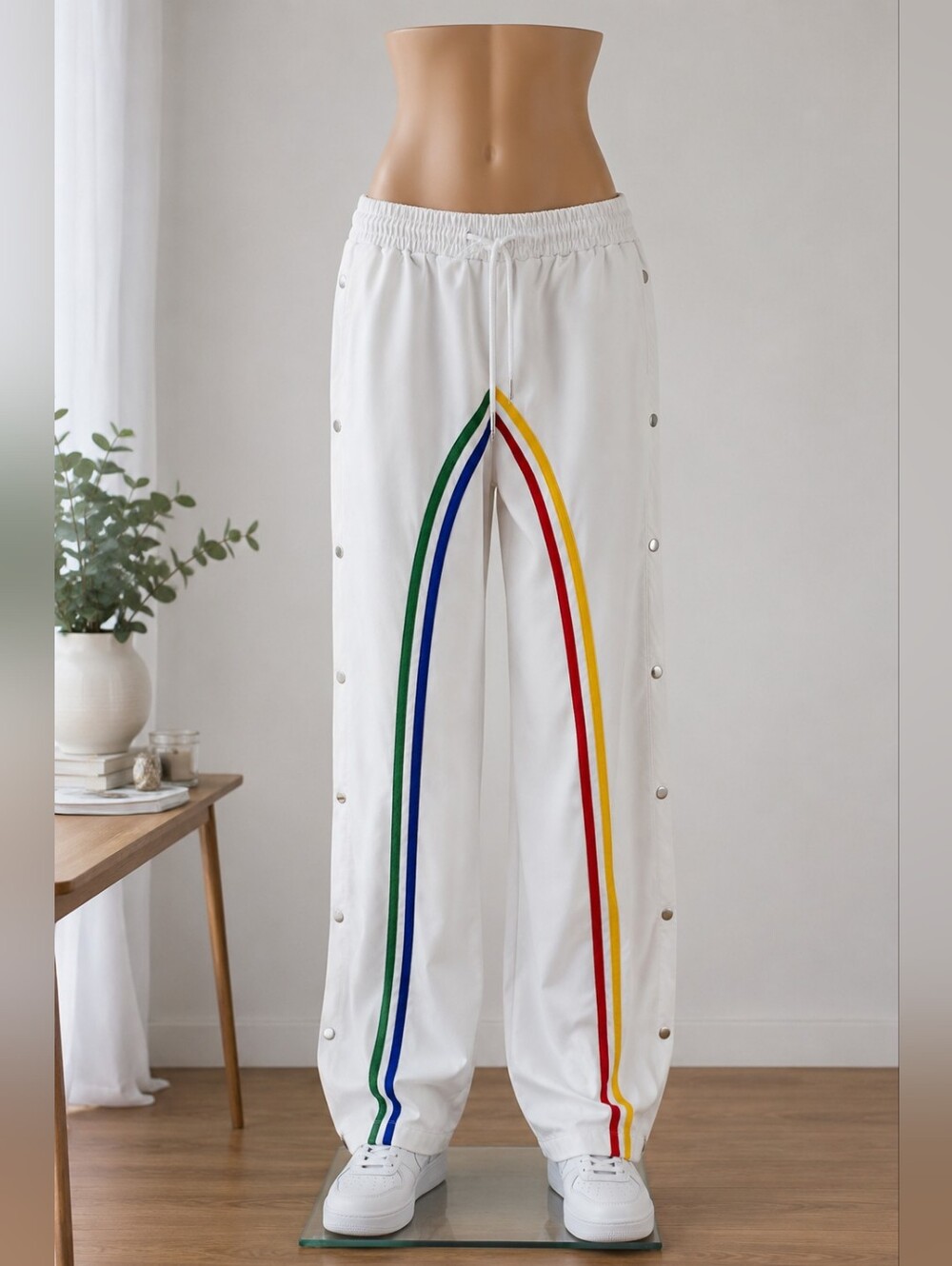 White Snap Side Track Pants Rainbow Stripe Athletic Joggers Size M